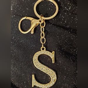 Gold Tone Allover Rhinestone Letter S Initial Bag Purse Charm Keychain N…